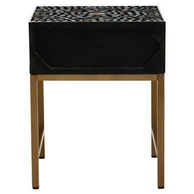 Black Wood Inlay 1-Drawer Side Table with Floral Handle and Gold Metal Finish Base, Fusion