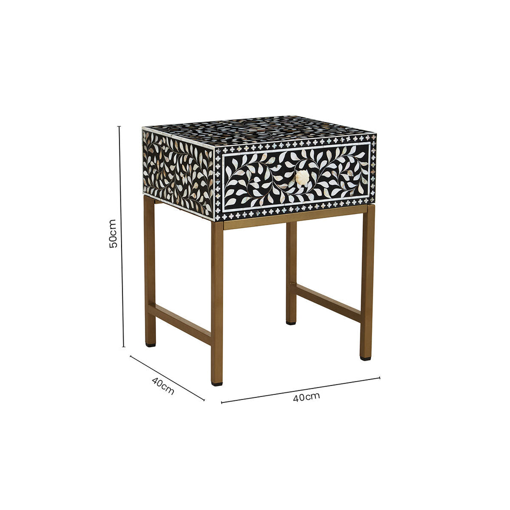 Black Wood Inlay 1-Drawer Side Table with Floral Handle and Gold Metal Finish Base | Fusion