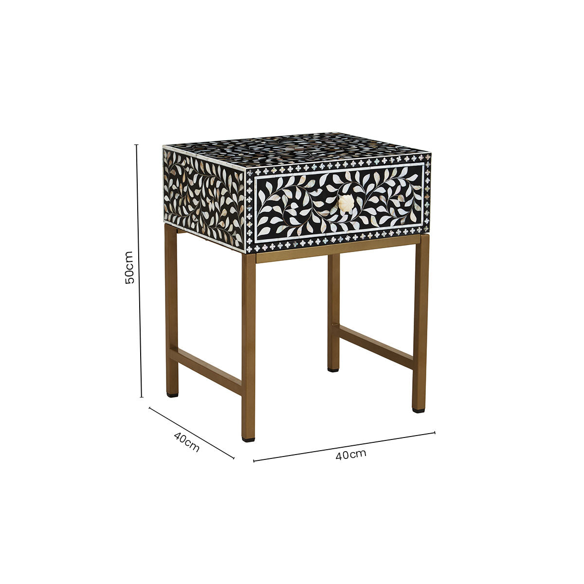 Black Wood Inlay 1-Drawer Side Table with Floral Handle and Gold Metal Finish Base | Fusion