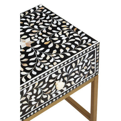 Black Wood Inlay 1-Drawer Side Table with Floral Handle and Gold Metal Finish Base, Fusion
