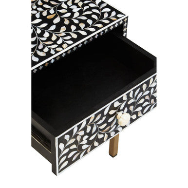 Black Wood Inlay 1-Drawer Side Table with Floral Handle and Gold Metal Finish Base, Fusion
