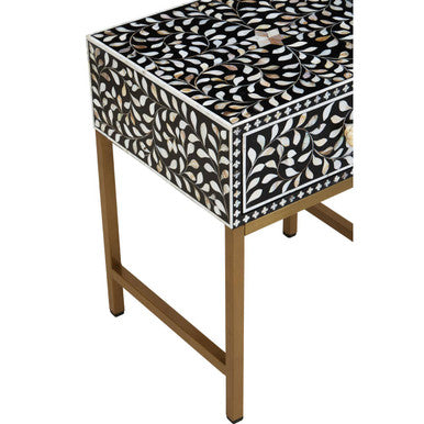 Black Wood Inlay 1-Drawer Side Table with Floral Handle and Gold Metal Finish Base, Fusion