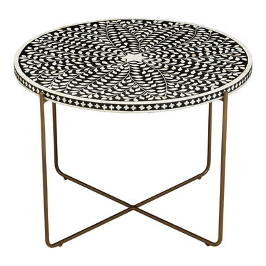 Black Round Wood Coffee Table with White Bone Inlay Top and Gold Metal Cross Base, Fusion