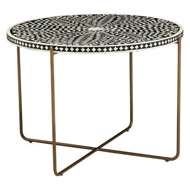 Black Round Wood Coffee Table with White Bone Inlay Top and Gold Metal Cross Base, Fusion