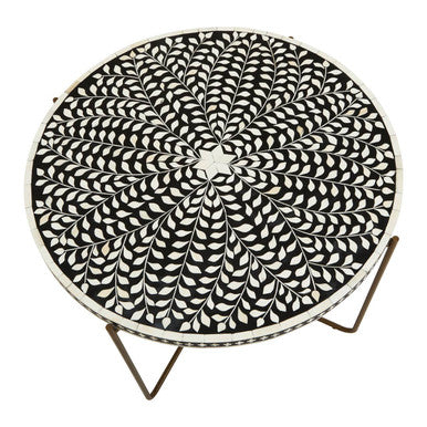 Black Round Wood Coffee Table with White Bone Inlay Top and Gold Metal Cross Base, Fusion