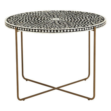 Black Round Wood Coffee Table with White Bone Inlay Top and Gold Metal Cross Base, Fusion