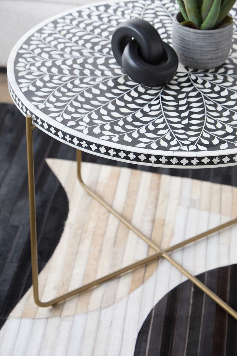 Black Round Wood Coffee Table with White Bone Inlay Top and Gold Metal Cross Base, Fusion