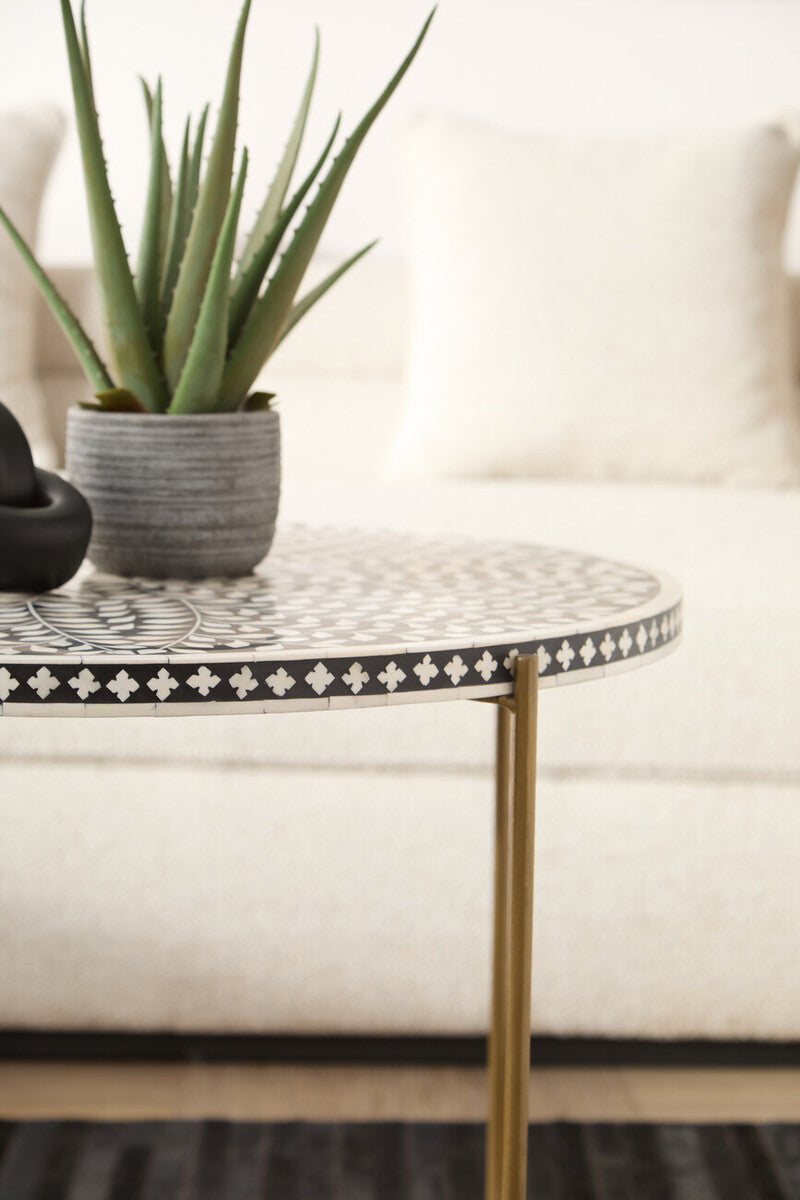 Black Round Wood Coffee Table with White Bone Inlay Top and Gold Metal Cross Base, Fusion