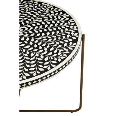 Black Round Wood Coffee Table with White Bone Inlay Top and Gold Metal Cross Base, Fusion