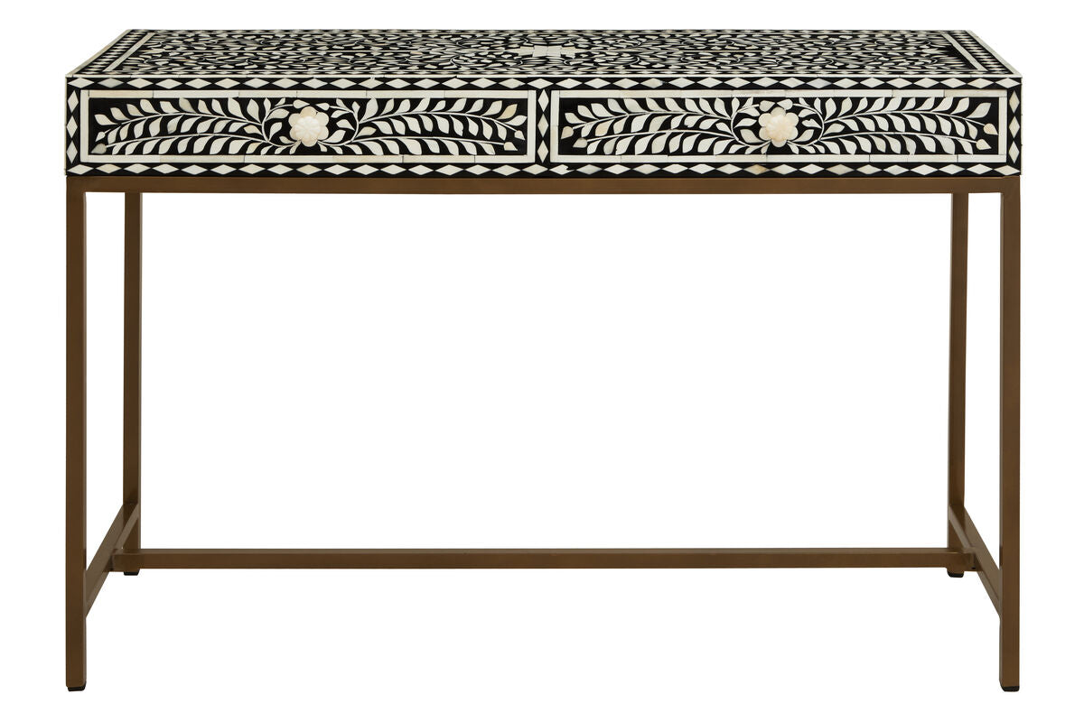 Black and White Floral Bone Inlay Console Table with 2 Storage Drawers and Gold Metal Base, Fusion