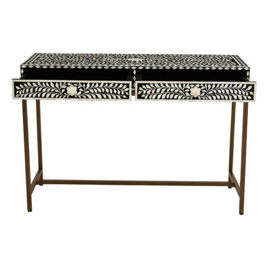Black and White Floral Bone Inlay Console Table with 2 Storage Drawers and Gold Metal Base, Fusion