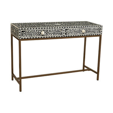 Black and White Floral Bone Inlay Console Table with 2 Storage Drawers and Gold Metal Base, Fusion