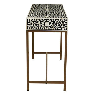 Black and White Floral Bone Inlay Console Table with 2 Storage Drawers and Gold Metal Base, Fusion
