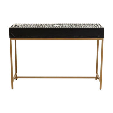 Black and White Floral Bone Inlay Console Table with 2 Storage Drawers and Gold Metal Base, Fusion