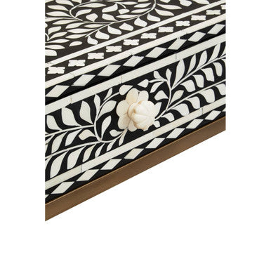 Black and White Floral Bone Inlay Console Table with 2 Storage Drawers and Gold Metal Base, Fusion