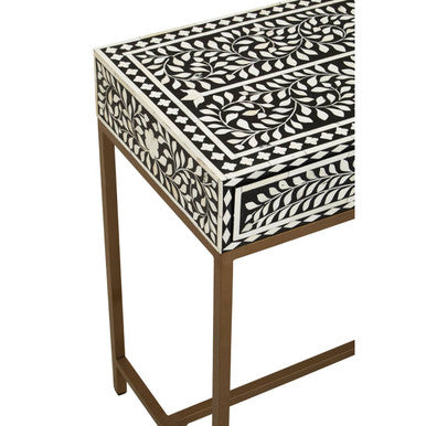 Black and White Floral Bone Inlay Console Table with 2 Storage Drawers and Gold Metal Base, Fusion