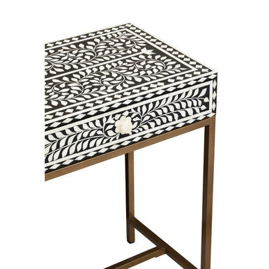 Black and White Floral Bone Inlay Console Table with 2 Storage Drawers and Gold Metal Base, Fusion