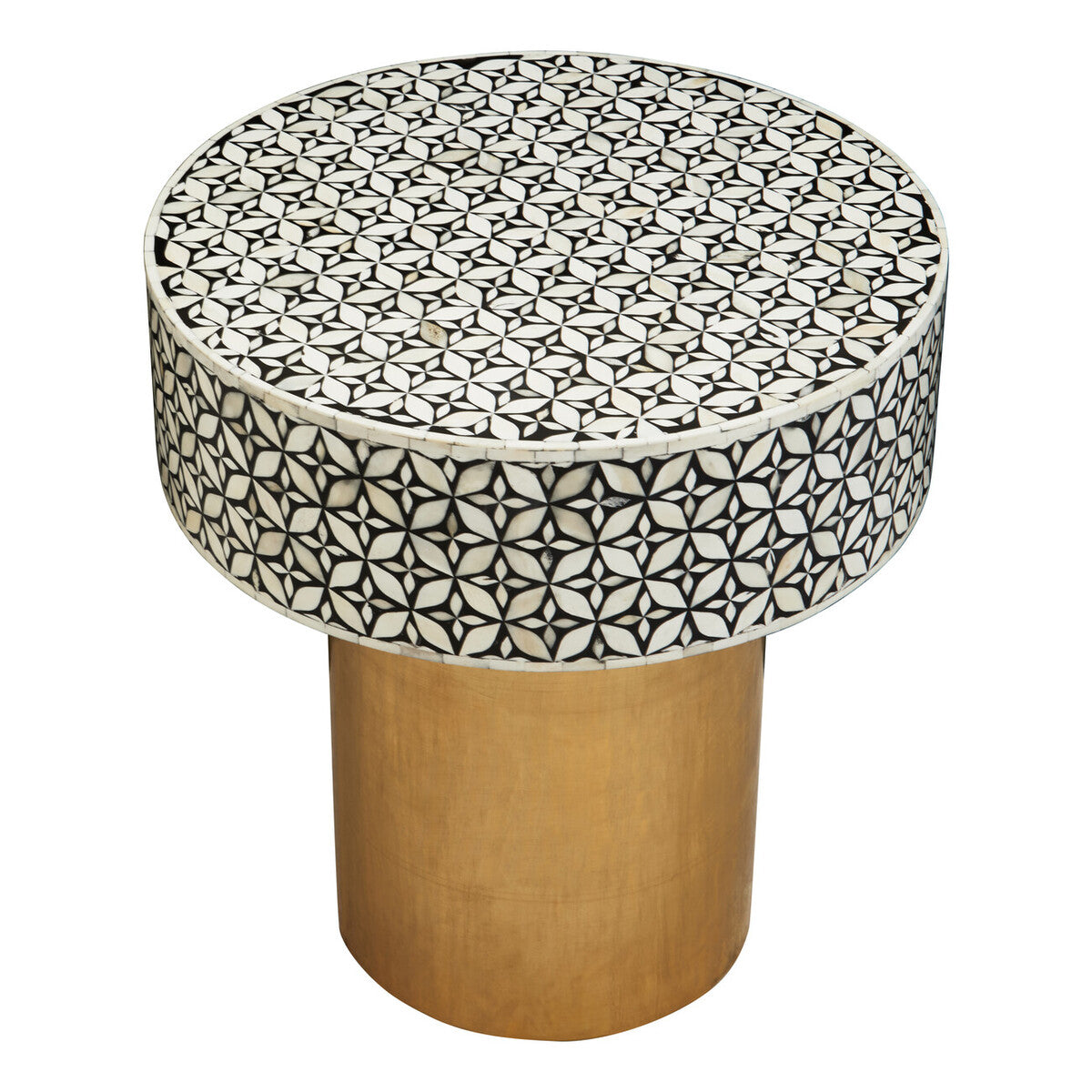 Black Wood Round Side Table with White Bone Inlay Floral Design and Gold Metal Base, Fusion