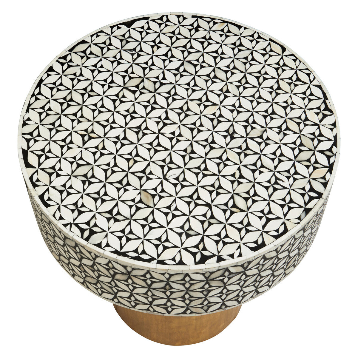 Black Wood Round Side Table with White Bone Inlay Floral Design and Gold Metal Base, Fusion