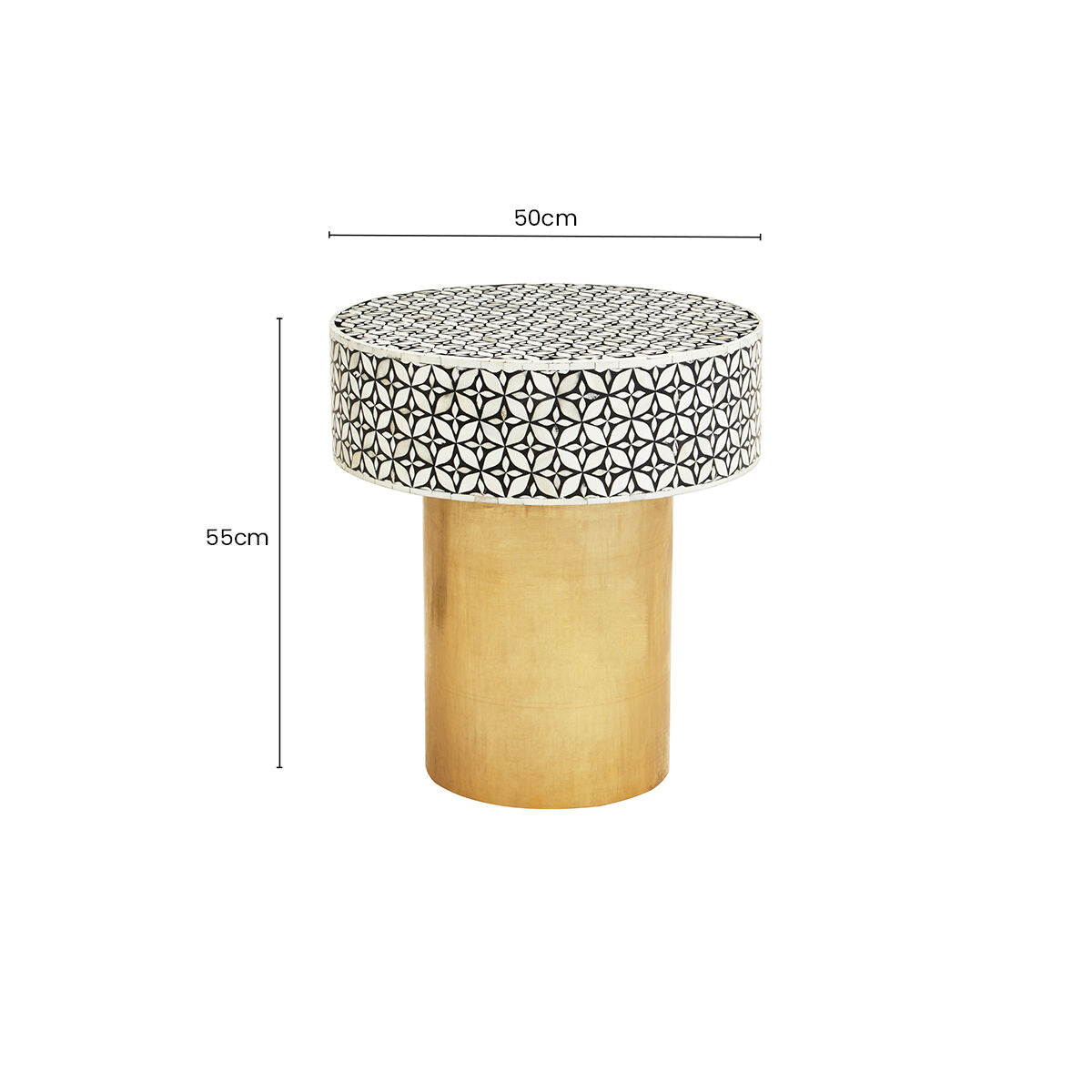 Black Wood Round Side Table with White Bone Inlay Floral Design and Gold Metal Base, Fusion