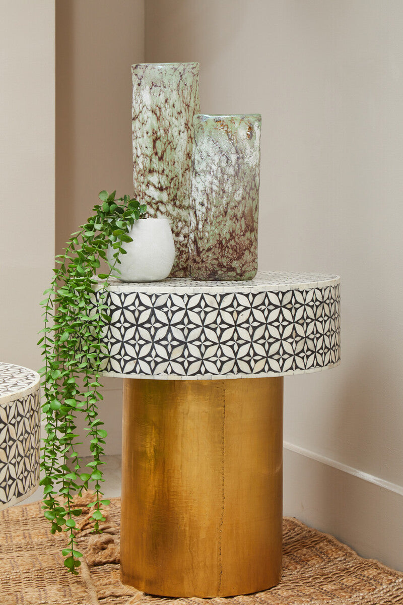 Black Wood Round Side Table with White Bone Inlay Floral Design and Gold Metal Base, Fusion