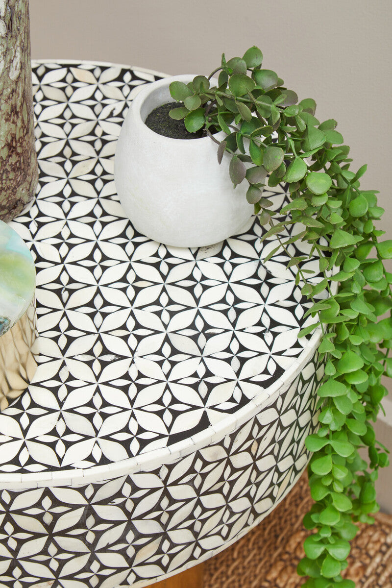 Black Wood Round Side Table with White Bone Inlay Floral Design and Gold Metal Base, Fusion