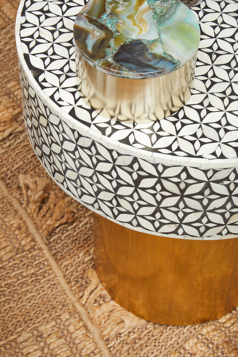 Black Wood Round Side Table with White Bone Inlay Floral Design and Gold Metal Base, Fusion