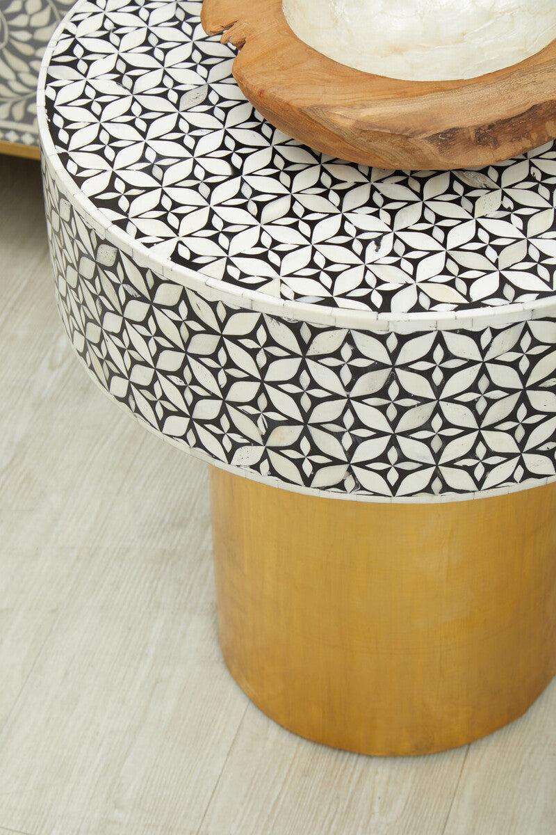 Black Wood Round Side Table with White Bone Inlay Floral Design and Gold Metal Base, Fusion
