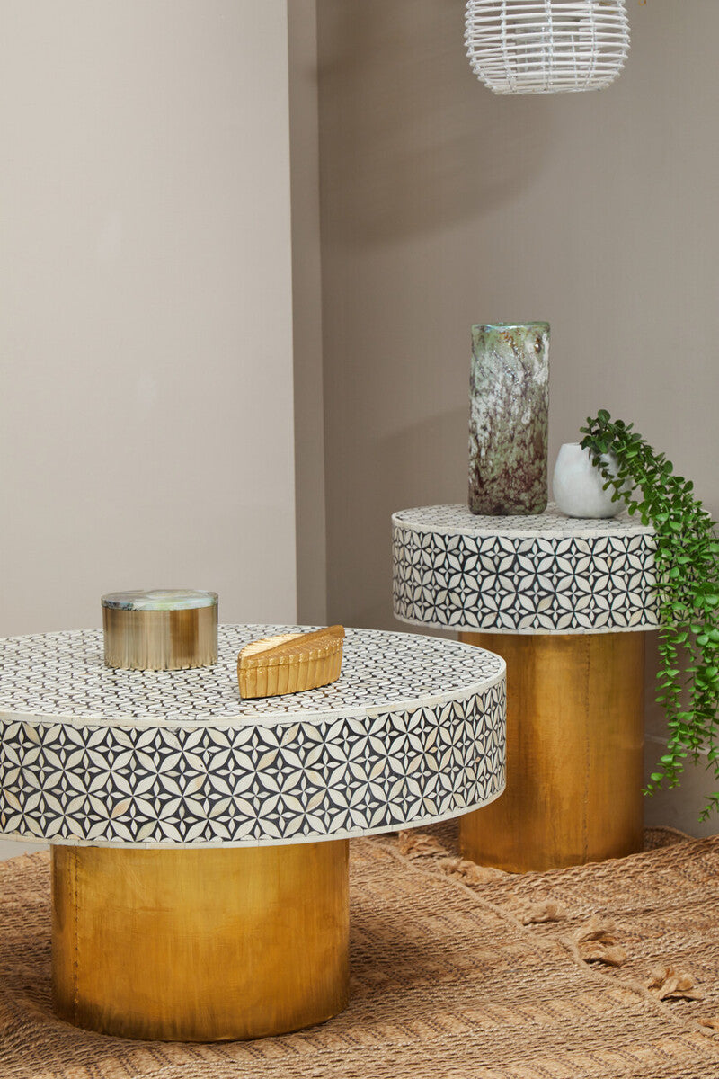 Black Wood Round Side Table with White Bone Inlay Floral Design and Gold Metal Base, Fusion