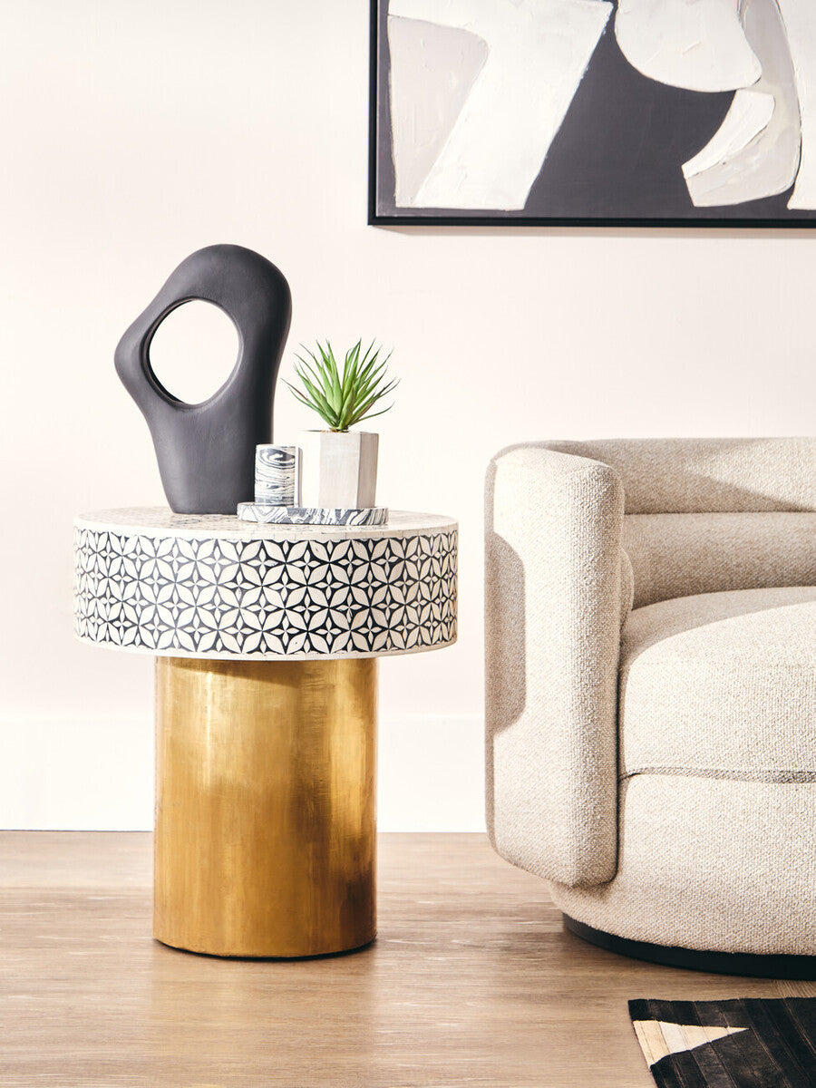 Black Wood Round Side Table with White Bone Inlay Floral Design and Gold Metal Base, Fusion