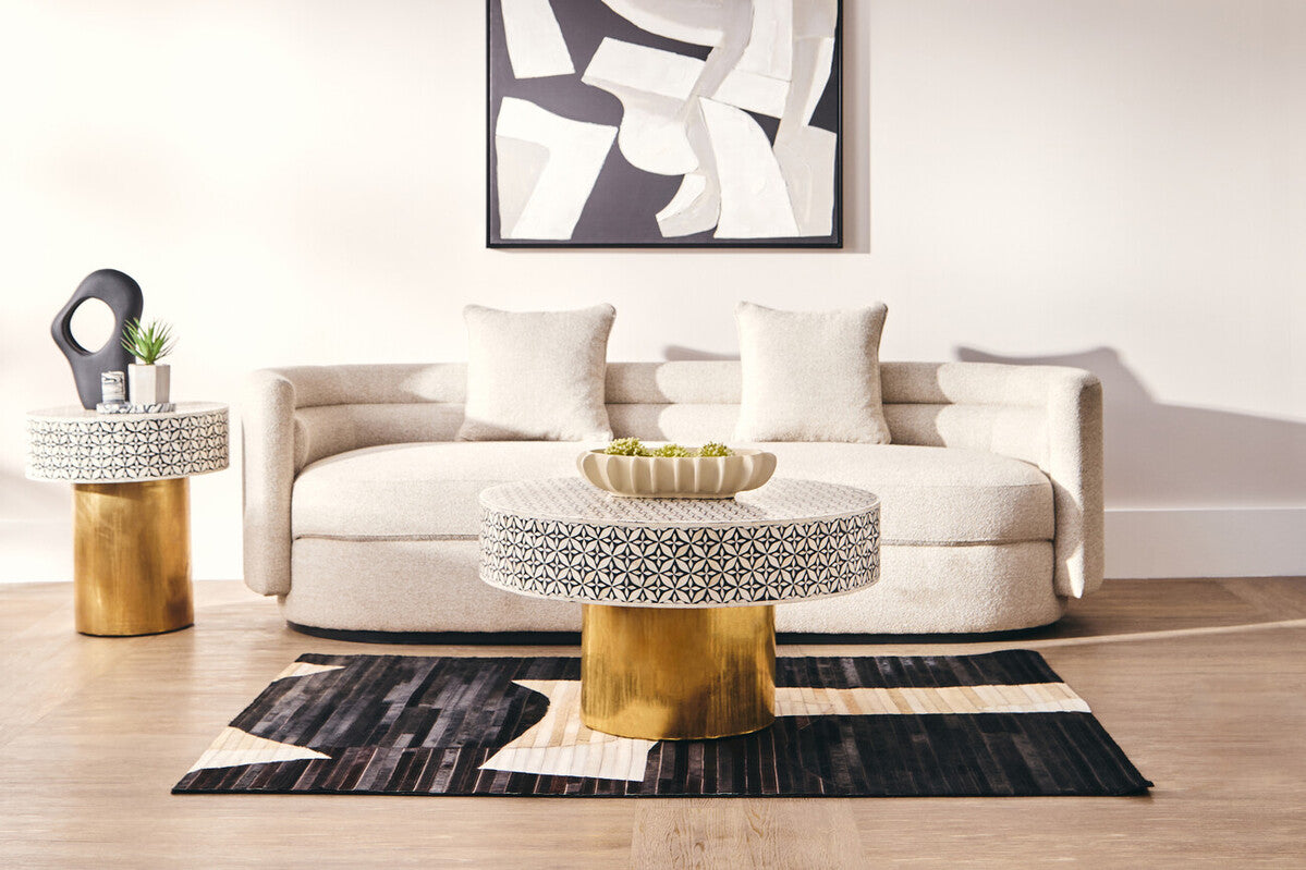 Black Wood Round Side Table with White Bone Inlay Floral Design and Gold Metal Base, Fusion