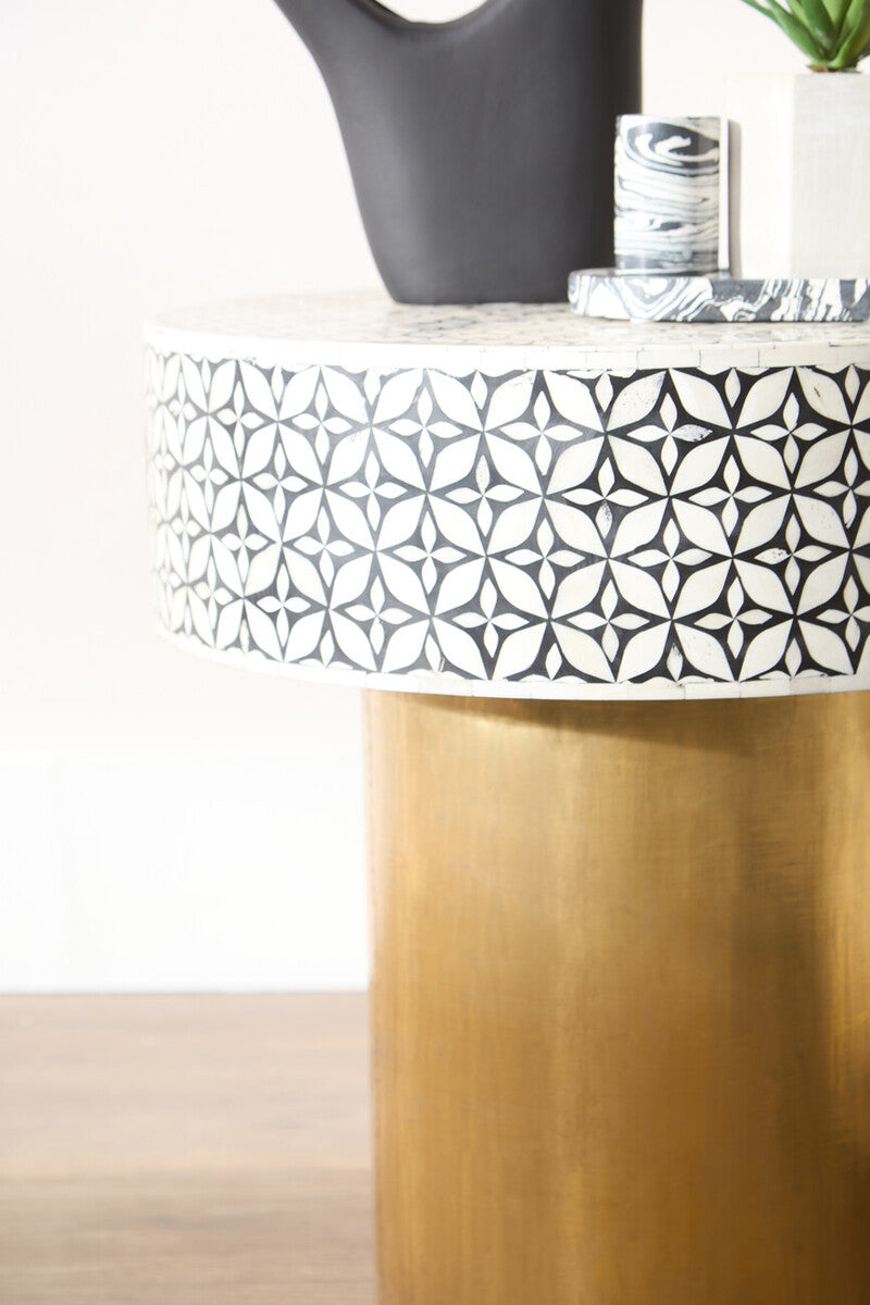 Black Wood Round Side Table with White Bone Inlay Floral Design and Gold Metal Base, Fusion