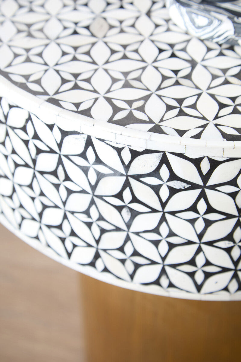 Black Wood Round Side Table with White Bone Inlay Floral Design and Gold Metal Base, Fusion