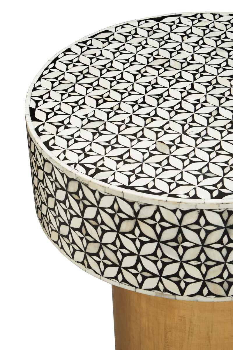 Black Wood Round Side Table with White Bone Inlay Floral Design and Gold Metal Base, Fusion