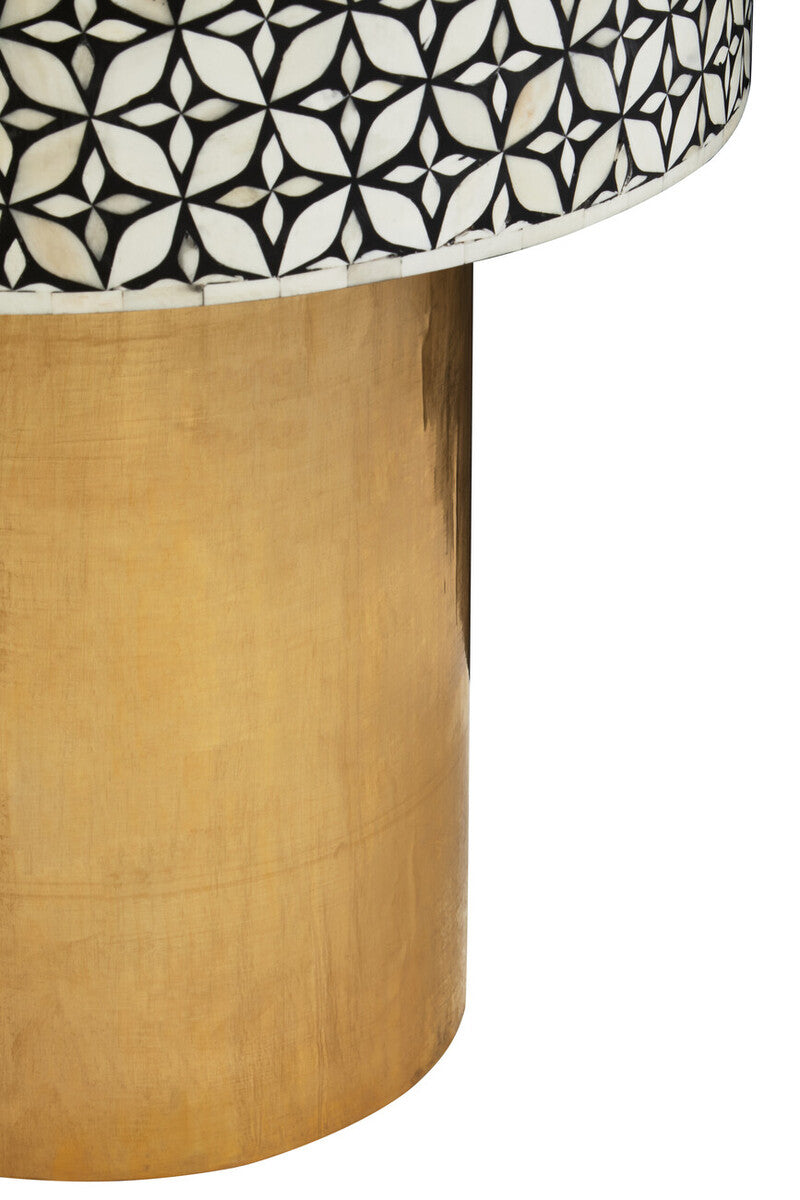 Black Wood Round Side Table with White Bone Inlay Floral Design and Gold Metal Base, Fusion