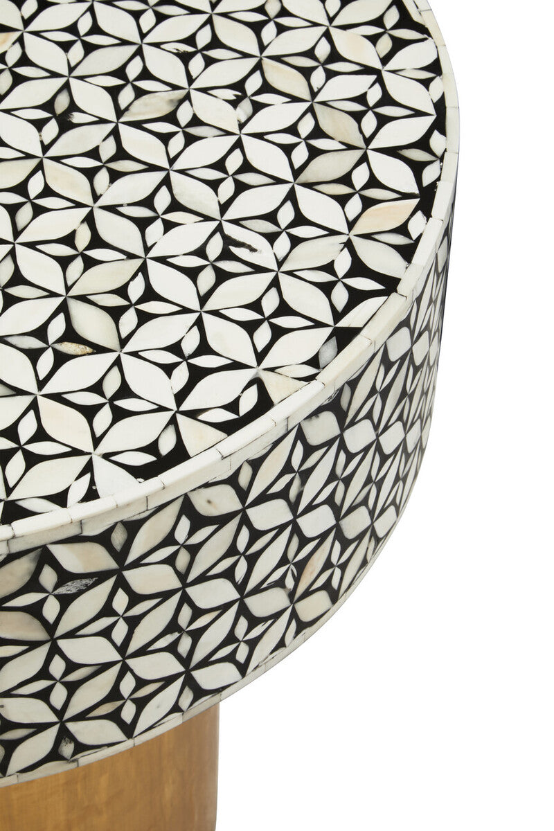 Black Wood Round Side Table with White Bone Inlay Floral Design and Gold Metal Base, Fusion