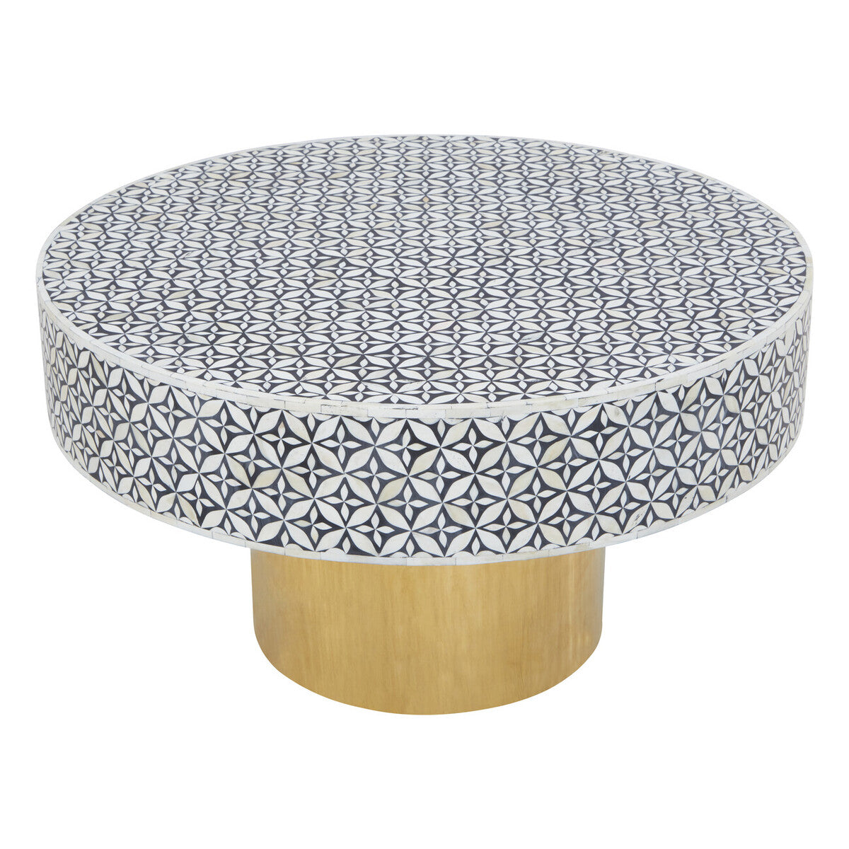 Black and White Round Geometric Bone Inlay Coffee Table with Gold Finish Base, Fusion