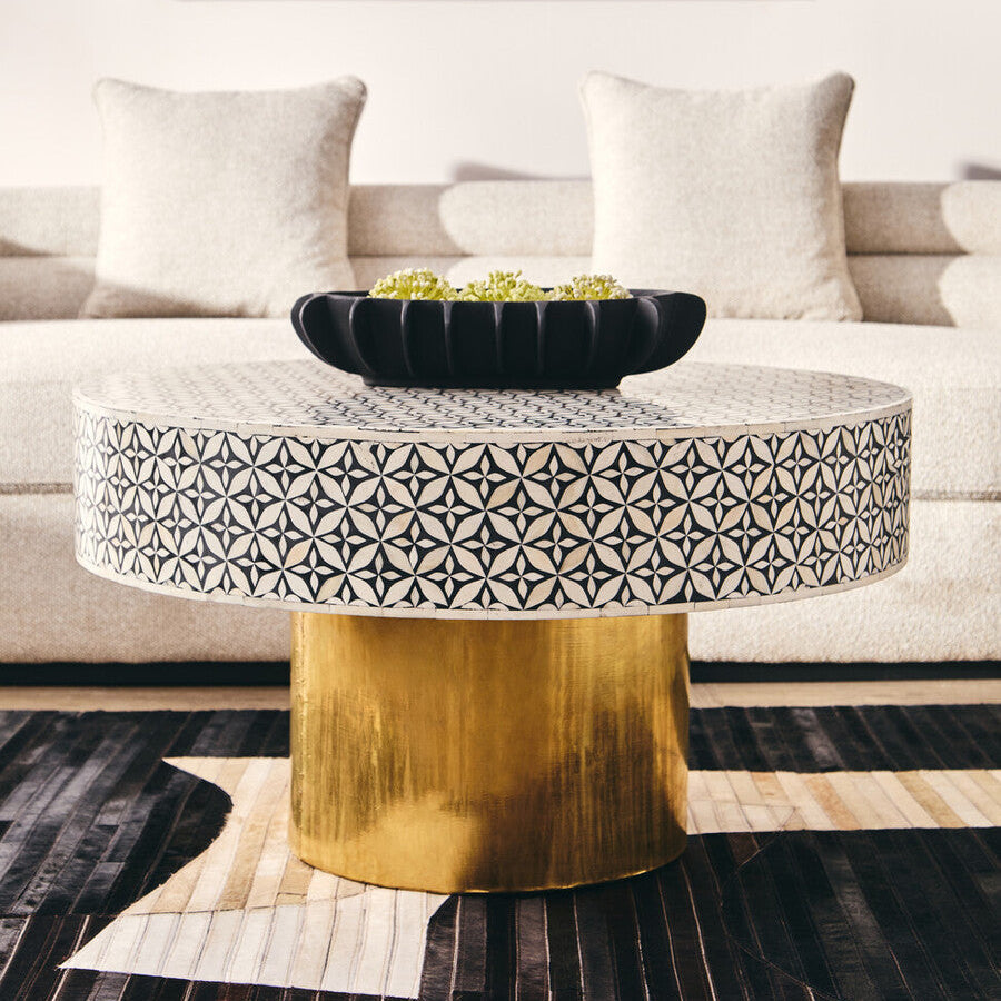 Black and White Round Geometric Bone Inlay Coffee Table with Gold Finish Base, Fusion