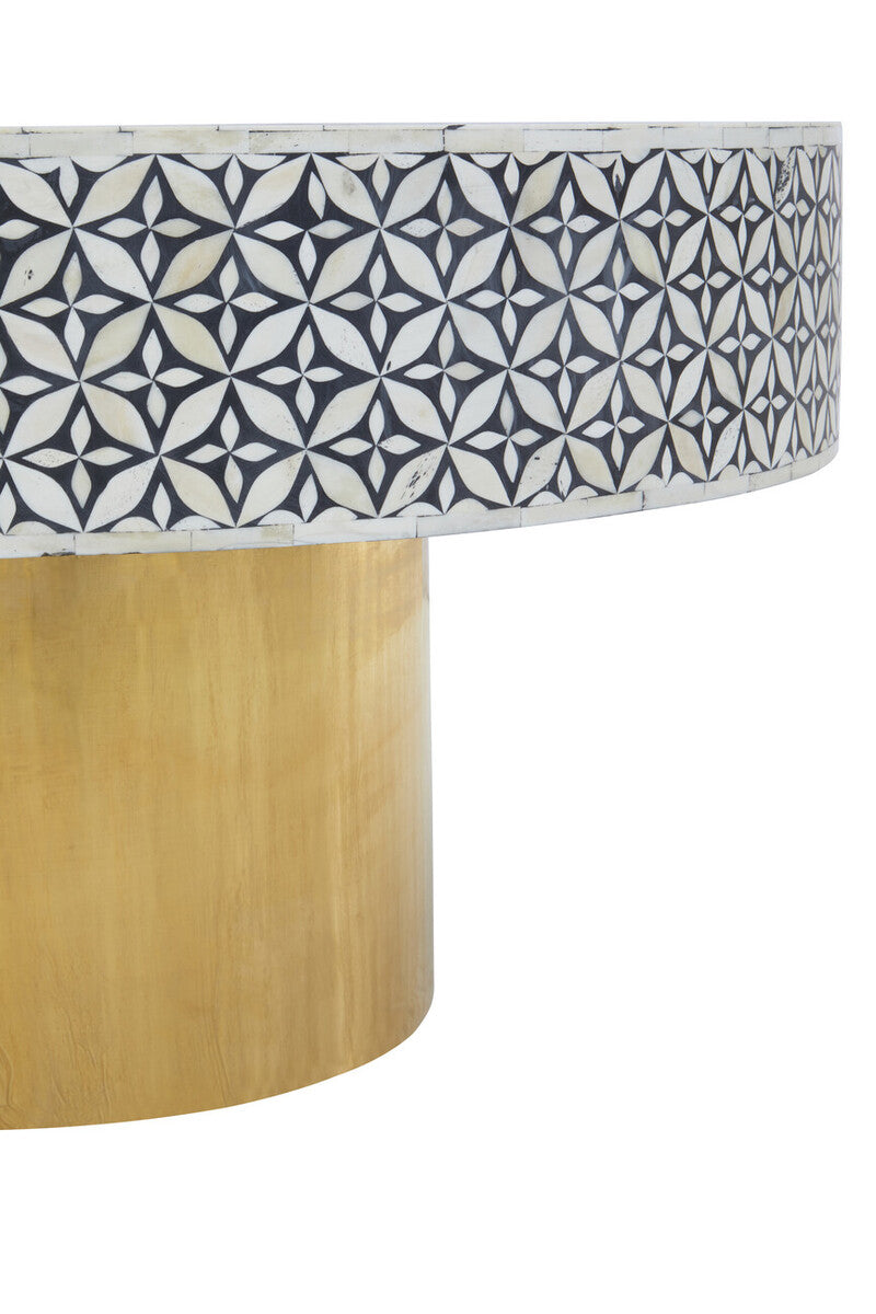 Black and White Round Geometric Bone Inlay Coffee Table with Gold Finish Base, Fusion