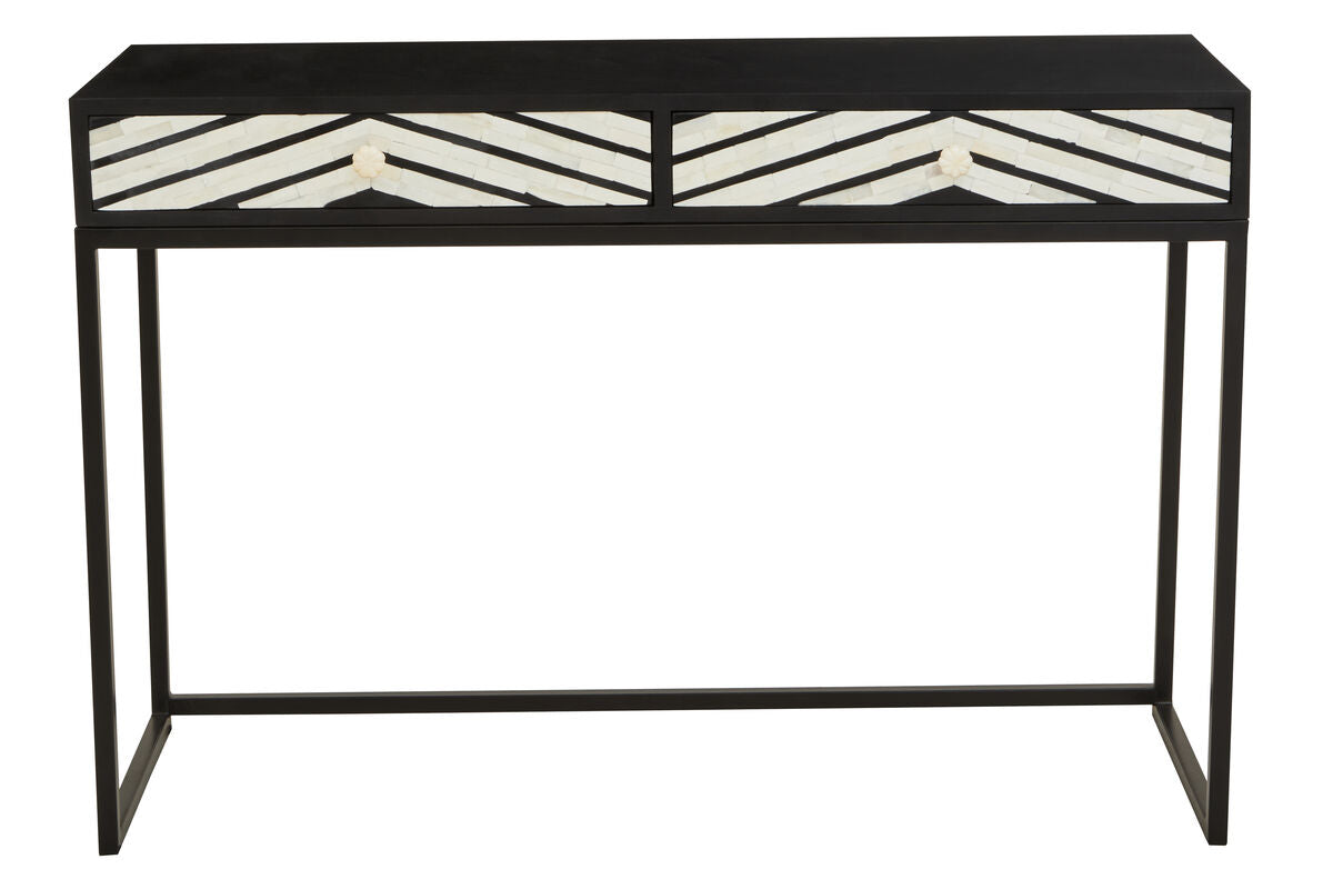 Black Wood 2-Drawer Console Table with Black and White Bone Inlay Chevron Fronts, Fusion