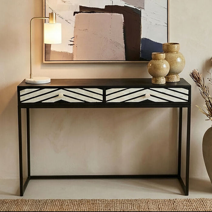 Black Wood 2-Drawer Console Table with Black and White Bone Inlay Chevron Fronts, Fusion