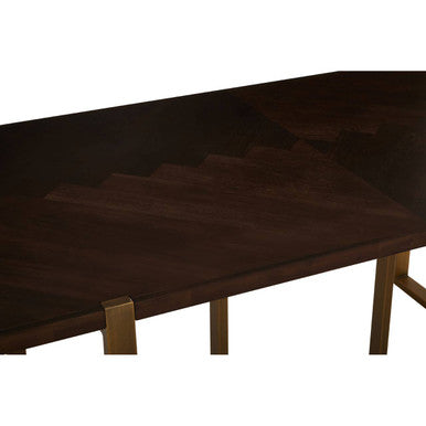 Grey Acacia Veneer Chevron Wood Rectangular Top Dining Table with Antique Brass Frame, Brando
