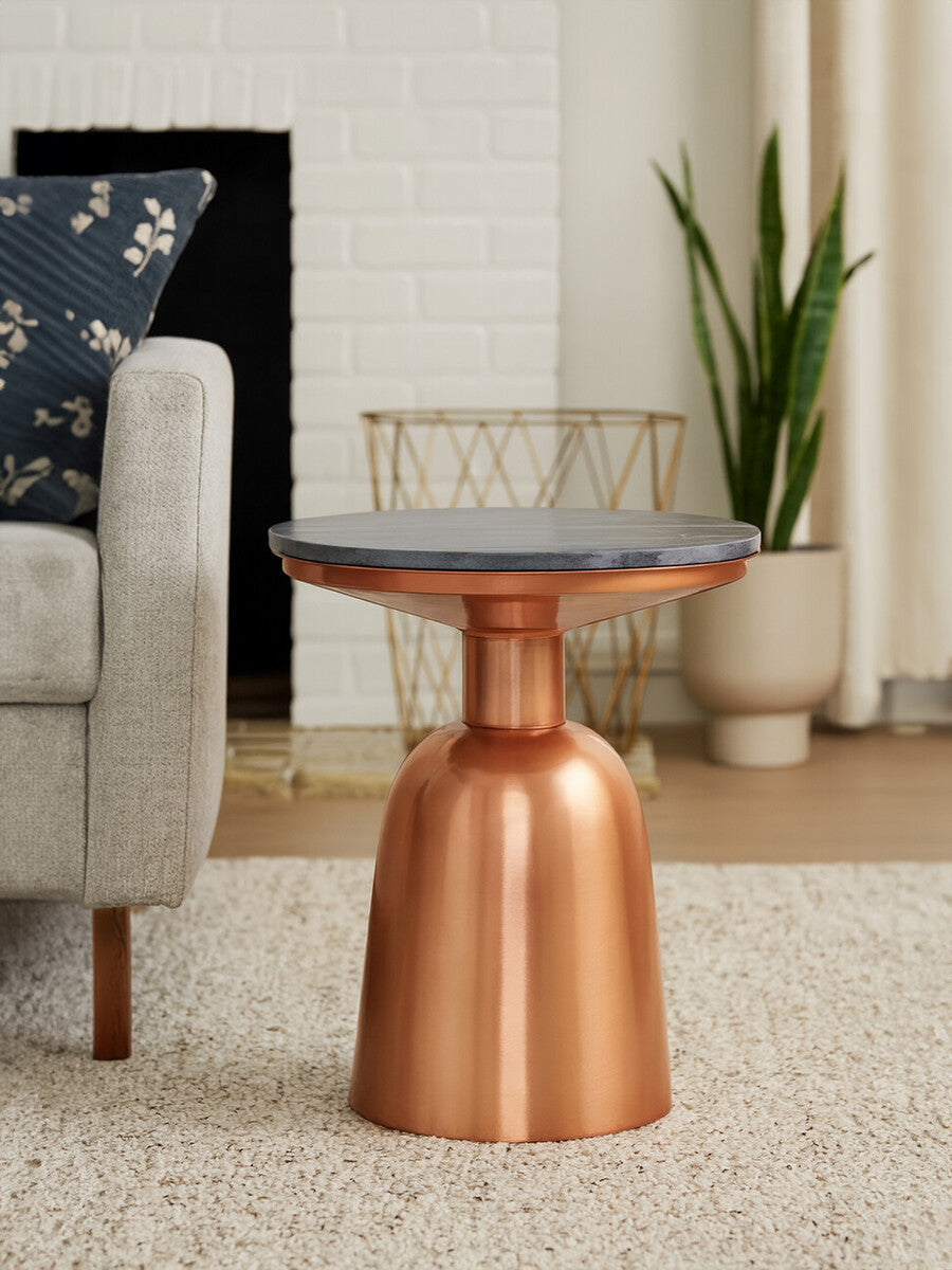 Black Marble Top Side Table with Chunky Copper Iron Base, Amira
