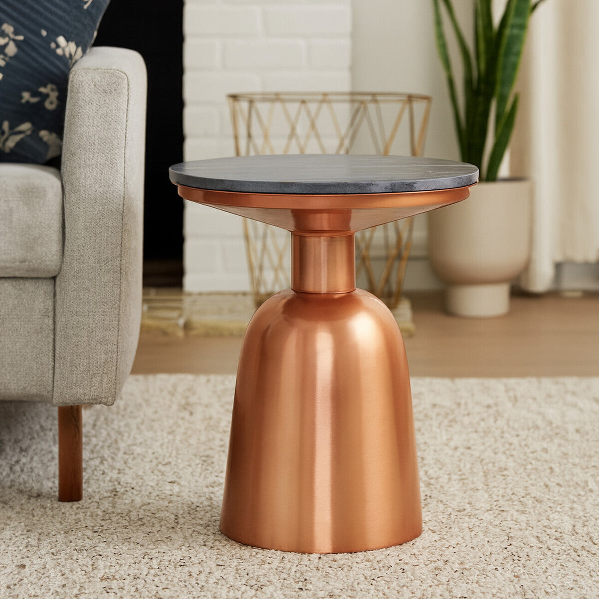 Amira Black Marble Side Table with Copper Iron Base