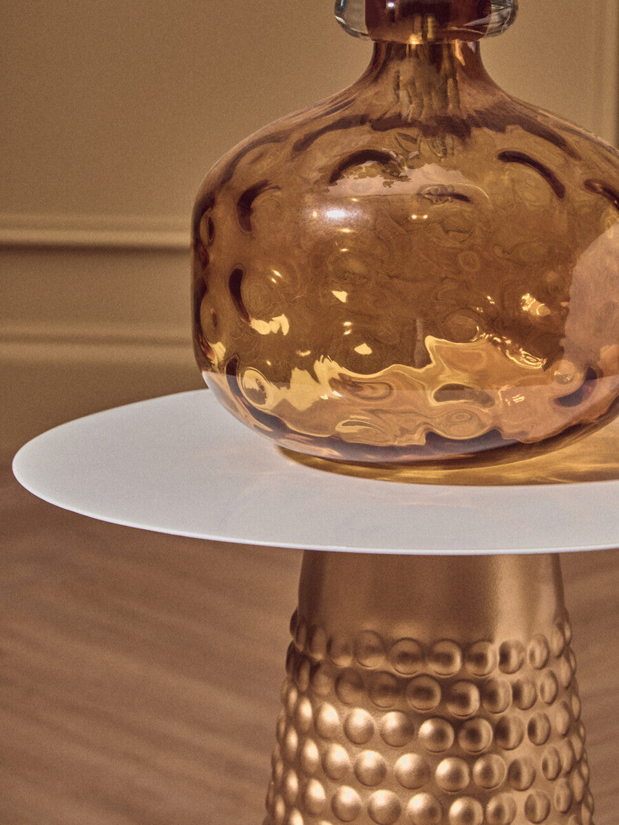 White Tabletop Side Table with Chunky Hammered Gold Base, Amira