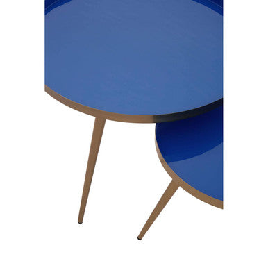 Blue Enamel Nest of Two Side Tables with Gold Finish Metal Frame, Amira