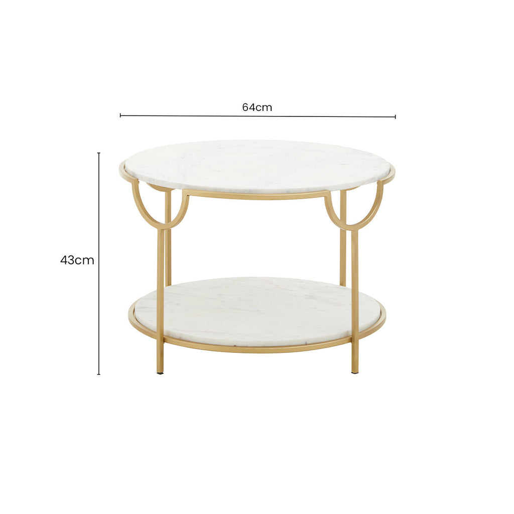 Two-Tier White Marble Top Side Table with Gold Finish Iron Frame | Pali