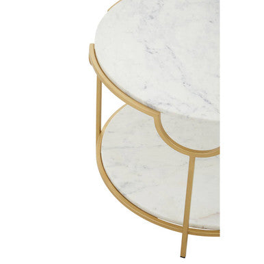 Two-Tier White Marble Top Side Table with Gold Finish Iron Frame, Pali