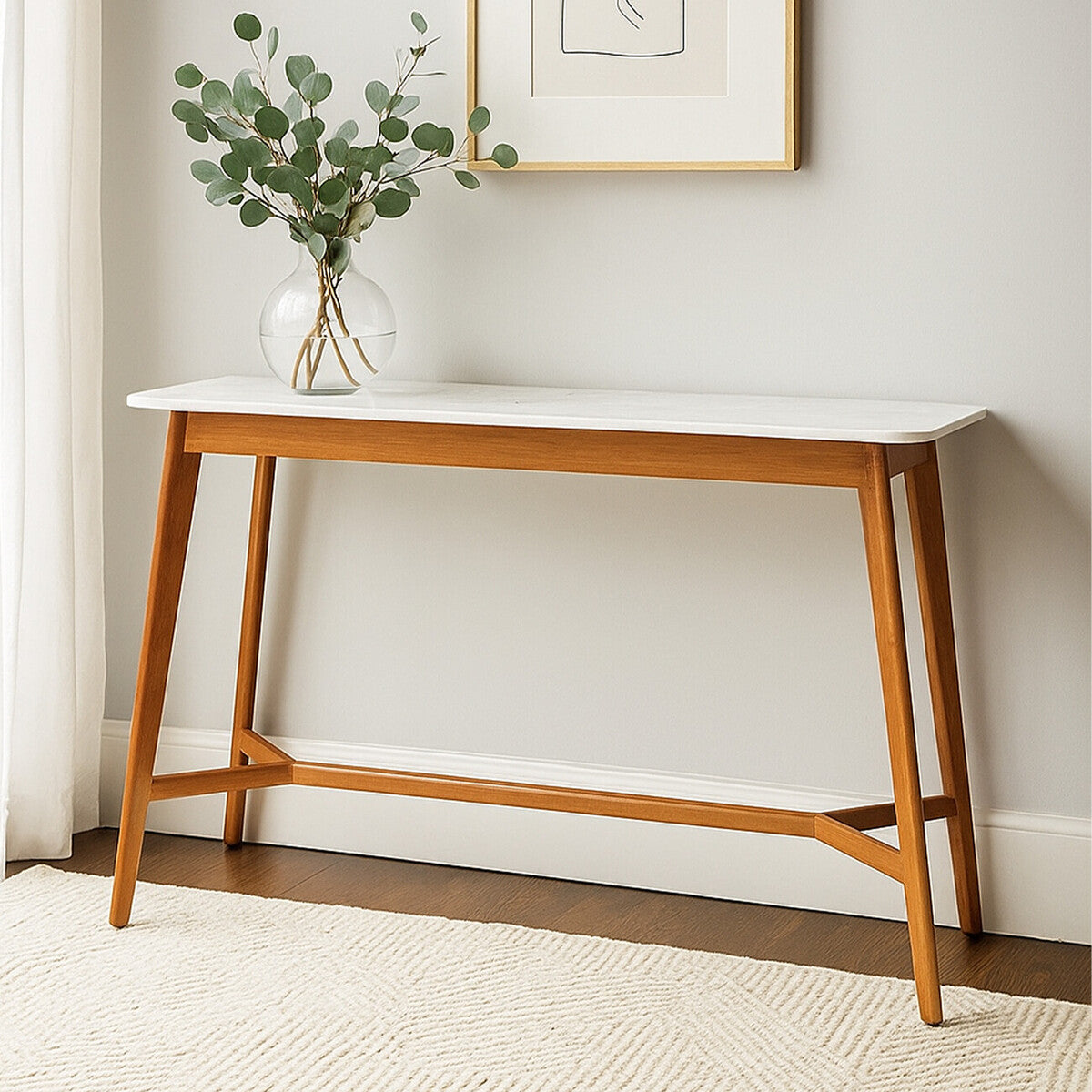 White Marble Top Console Table with Sustainable Acacia Wood Base, Myan