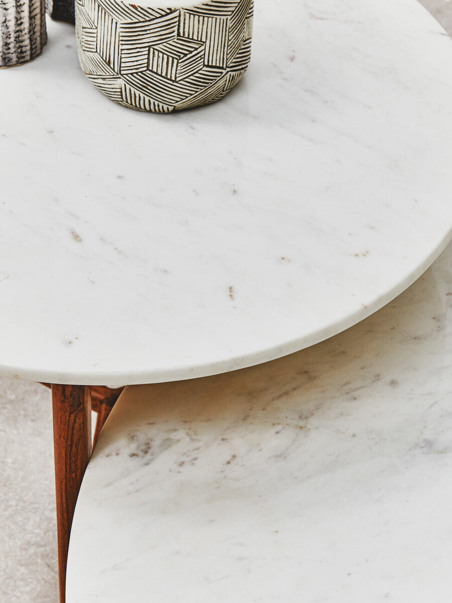 White Marble Top Round Side Table with Sustainable Acacia Wood Base, Myan